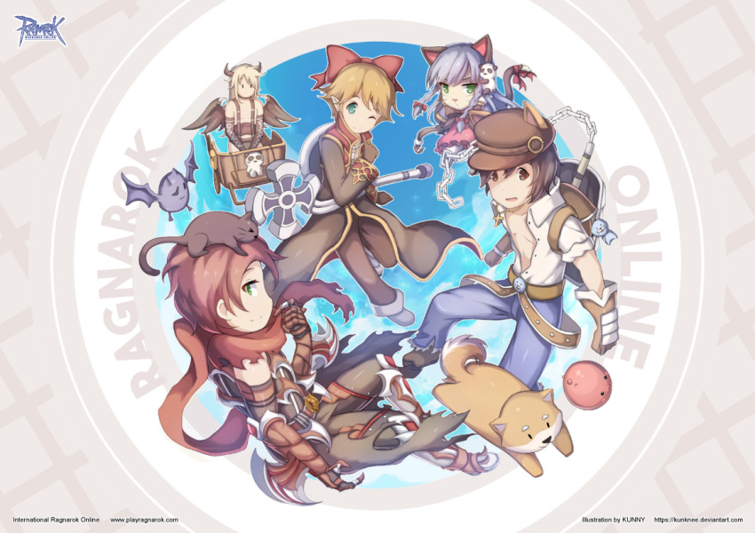 1girl 4boys animal_ear_headwear animal_ears animal_on_head arm_blade armored_boots backpack bag bat_(animal) belt black_cape black_cat black_coat black_gloves black_pants black_shirt black_wings blacksmith_(ragnarok_online) blonde_hair blue_pants boots bow bowtie brown_belt brown_bow brown_bowtie brown_eyes brown_footwear brown_gloves brown_hair brown_horns brown_pants cape cat cat_ears cat_girl cat_on_head chain closed_mouth coat commentary commission copyright_name cross demon_boy demon_horns demon_wings dog elbow_gloves english_commentary familiar_(ragnarok_online) full_body furry furry_female gauntlets gloves green_eyes guillotine_cross_(ragnarok_online) hair_bow horns incubus_(ragnarok_online) kunknee long_hair long_sleeves looking_at_viewer multiple_boys official_alternate_costume on_head one_eye_closed open_mouth panda pants poring priest_(ragnarok_online) pullcart ragnarok_online red_bow red_coat red_scarf scarf seal_(ragnarok_online) shiba_inu shirt shoes short_hair short_sleeves sleeveless sleeveless_shirt slime_(creature) smile stuffed_seal summoner_(ragnarok_online) tail tail_bow tail_ornament torn_cape torn_clothes torn_scarf two-tone_coat unbuttoned unbuttoned_shirt waist_cape weapon white_footwear white_shirt wings