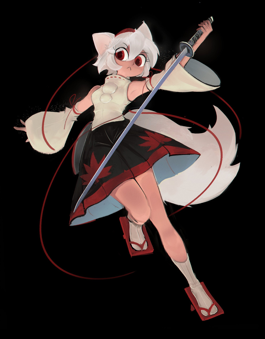 1girl :&lt; absurdres animal_ears arm_up armpits bare_shoulders bensadfleck black_background black_skirt closed_mouth english_commentary full_body geta highres holding holding_sword holding_weapon inubashiri_momiji katana looking_at_viewer red_eyes reverse_grip shirt short_hair simple_background skirt solo sword tabi tail touhou weapon white_hair white_shirt wolf_ears wolf_girl wolf_tail