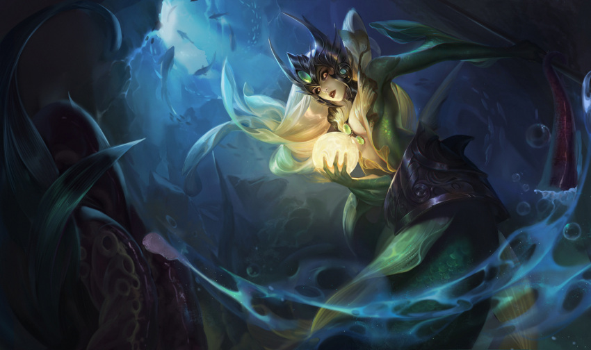 1girl absurdres black_headwear black_sclera blonde_hair bubble cave chuanchuancc colored_sclera colored_skin coral fish gem gradient_hair green_gemstone green_skin headpiece highres league_of_legends long_hair mermaid monster_girl multicolored_hair nami_(league_of_legends) orb parted_lips school_of_fish solo sunlight underwater white_skin yellow_eyes