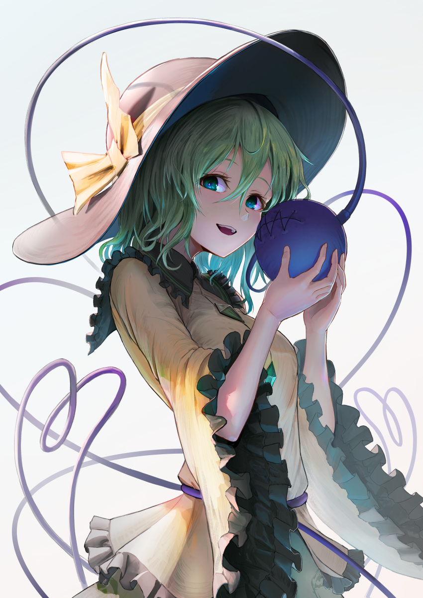 1girl :d absurdres badman6050 black_headwear blouse blush bow buttons commentary diamond_button fingernails frilled_shirt_collar frilled_sleeves frills green_eyes grey_background grey_hair hair_between_eyes hands_up hat hat_bow heart heart_of_string highres holding komeiji_koishi long_sleeves looking_at_viewer medium_hair open_mouth shirt simple_background smile solo stitches teeth third_eye touhou upper_body upper_teeth_only wide_sleeves yellow_bow yellow_shirt