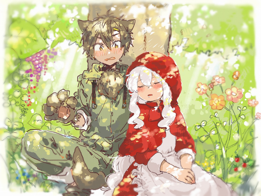 1boy 1girl against_tree alternate_costume animal_ears animal_hands apron black_footwear black_hair blue_flower blurry blush border closed_eyes commentary_request cosplay dappled_sunlight day depth_of_field double-parted_bangs dress facing_viewer feet_out_of_frame flower foliage food foot_out_of_frame framed frilled_apron frills fruit gloves grapes green_jumpsuit green_pants hair_ornament hairclip hood hood_down hood_up hooded_jumpsuit jumpsuit kagerou_project kozakura_marry leaf leaning_on_person light_rays little_red_riding_hood little_red_riding_hood_(grimm) little_red_riding_hood_(grimm)_(cosplay) looking_at_viewer mekakucity_actors nature open_mouth orange_hair outdoors outside_border own_hands_together pants parted_lips paw_gloves pink_flower plant red_dress red_hood sakusakusakuran seto_kousuke short_hair sitting sketch sleeping sleeves_past_elbows sleeves_rolled_up sunbeam sunlight tail tree v_arms vines wavy_hair wavy_mouth white_apron white_border white_hair wolf_ears wolf_tail yellow_eyes