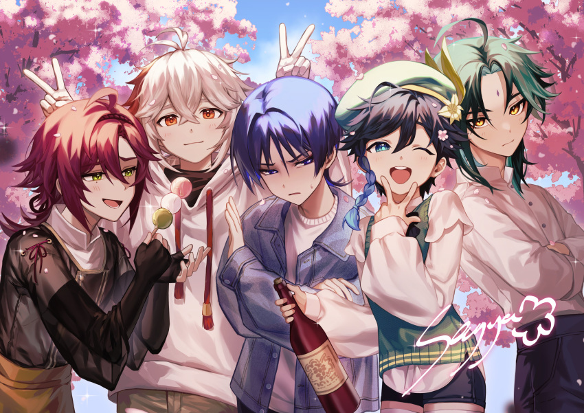 5boys absurdres ahoge alcohol alternate_costume black_hair blue_hair blush bottle braid cherry_blossoms closed_mouth crossed_arms crossed_bangs dango day double_v facial_mark flower food forehead_mark genshin_impact green_eyes green_hair green_headwear hat highres holding holding_bottle holding_food hood hoodie ice_s_s_z jacket kaedehara_kazuha long_hair long_sleeves looking_at_viewer male_focus multicolored_hair multiple_boys one_eye_closed open_mouth outdoors pants petals red_eyes redhead sanshoku_dango scaramouche_(genshin_impact) shikanoin_heizou shorts signature sky sparkle streaked_hair sweat twin_braids v venti_(genshin_impact) wagashi xiao_(genshin_impact) yellow_eyes
