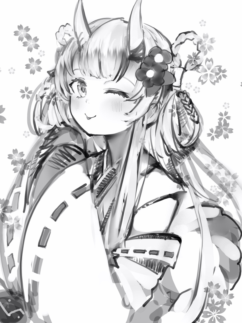 1girl ;p absurdres blunt_bangs detached_sleeves flower greyscale hair_flower hair_ornament hair_rings highres hololive horns japanese_clothes long_hair long_sleeves looking_at_viewer miko monochrome nakiri_ayame nanashi_(nlo) one_eye_closed oni_horns ribbon-trimmed_sleeves ribbon_trim simple_background sketch smile solo tongue tongue_out virtual_youtuber wide_sleeves