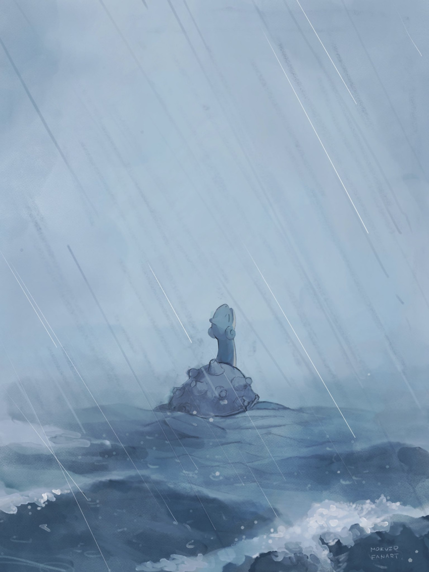 afloat artist_name closed_eyes clouds commentary day facing_away fog head_back highres lapras mokuzou_(moku_ssbu) no_humans ocean open_mouth outdoors overcast pokemon pokemon_(creature) rain symbol-only_commentary water waves
