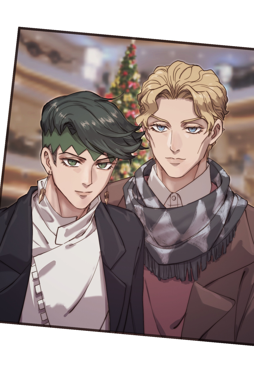 2boys black_coat black_hair blue_eyes brown_coat casual christmas_tree coat diamond_wa_kudakenai earrings green_eyes headband highres holding jewelry jojo_no_kimyou_na_bouken killerohan kira_yoshikage kishibe_rohan long_coat male_focus multiple_boys scarf selfie smile winter_clothes winter_coat