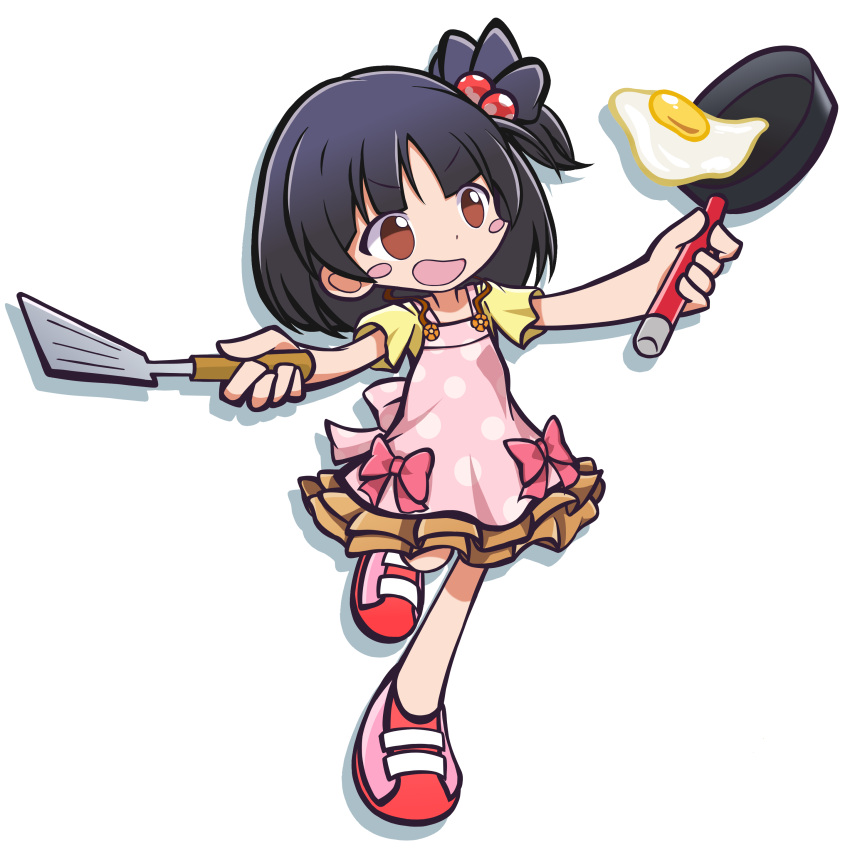 1girl absurdres apron blush_stickers bow brown_eyes brown_skirt commentary_request dot_nose female_child fried_egg frying_pan full_body hair_bobbles hair_ornament highres holding holding_frying_pan holding_spatula idolmaster idolmaster_million_live! layered_skirt looking_at_another maharagi_375p nakatani_iku open_mouth outstretched_arms pink_apron pink_bow pink_footwear polka_dot polka_dot_apron puyopuyo shadow shirt short_hair short_sleeves side_ponytail skirt solo spatula standing standing_on_one_leg v-shaped_eyebrows white_background yellow_shirt