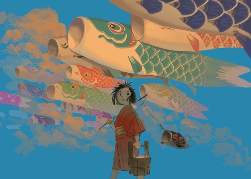 1girl black_eyes black_hair blue_background blunt_ends bob_cut bucket carrying_over_shoulder clouds commentary feet_out_of_frame fishing_rod floating_hair forehead from_side highres holding holding_bucket holding_fishing_rod japanese_clothes kimono kodomo_no_hi koinobori koma1-nu looking_to_the_side obi original parted_lips red_kimono sash seigaiha short_hair short_sleeves solo walking windsock wooden_bucket