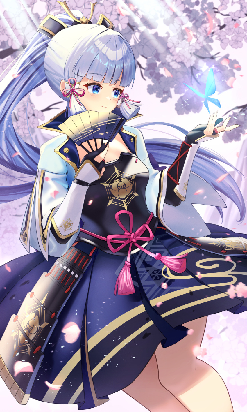 absurdres arm_guards armor blue_butterfly blue_eyes blue_hair blunt_bangs blunt_tresses blush bug butterfly cherry_blossoms day eiryu33 flower_knot folding_fan genshin_impact hair_ribbon hand_fan highres holding holding_fan japanese_armor kamisato_ayaka light_blue_hair long_hair mole mole_under_eye neck_tassel outdoors ponytail ribbon smile solo standing sunlight tassel tassel_choker tress_ribbon