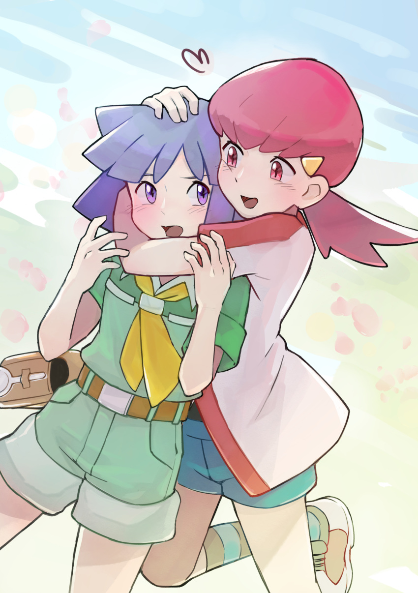 1boy 1girl absurdres belt belt_buckle belt_pouch blush brown_belt buckle bugsy_(pokemon) collared_shirt commentary_request commission green_shirt green_shorts highres hug hug_from_behind jacket leg_up magnifying_glass neckerchief open_mouth pink_eyes pink_hair pixiv_commission pokemon pokemon_(game) pokemon_hgss pouch purple_hair shake_shark3 shirt shoes short_hair short_sleeves shorts socks violet_eyes white_jacket whitney_(pokemon) yellow_neckerchief
