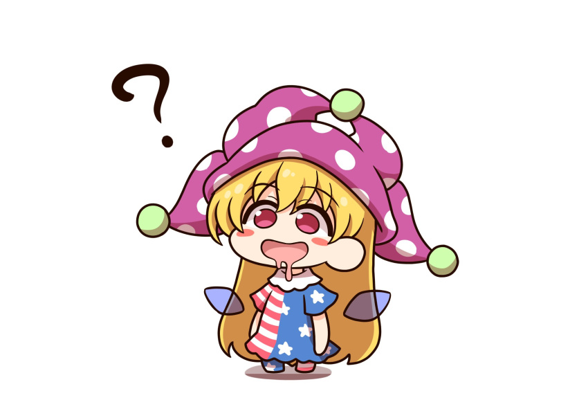 1girl ? american_flag_dress american_flag_pants blonde_hair blush_stickers chibi clownpiece dress drooling fairy_wings full_body hair_between_eyes hat highres jester_cap long_hair looking_away neck_ruff no_shoes open_mouth pants pink_eyes polka_dot purple_headwear shadow shitacemayo short_sleeves simple_background smile solo standing star_(symbol) star_print striped striped_dress striped_pants touhou very_long_hair white_background wings
