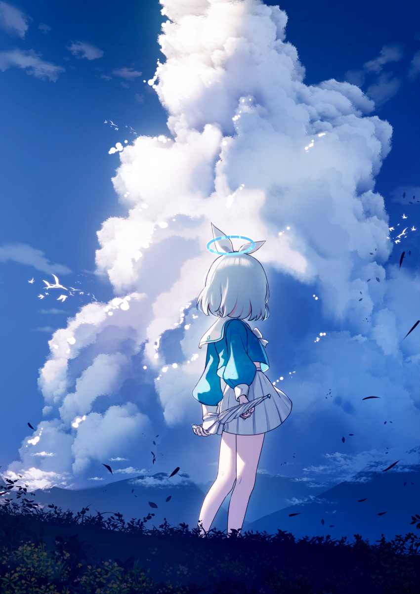 1girl arona_(blue_archive) blue_archive blue_hair blue_shirt blue_sky bow closed_umbrella clouds cloudy_sky commentary cumulonimbus_cloud day facing_away from_side hair_ribbon halo highres holding holding_umbrella long_sleeves outdoors pleated_skirt puffy_long_sleeves puffy_sleeves revision ribbon sailor_collar shirt skirt sky solo standing umbrella white_bow white_ribbon white_sailor_collar white_skirt white_umbrella yan_(nicknikg)