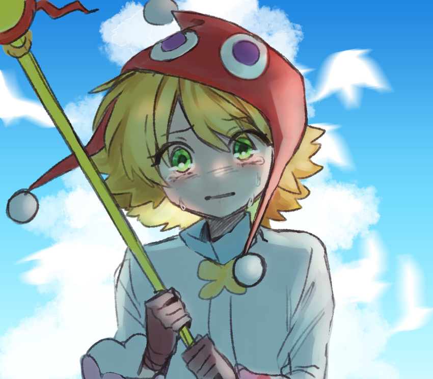 1girl amitie_(puyopuyo) blonde_hair blue_sky blush crying crying_with_eyes_open green_eyes highres holding holding_staff looking_at_viewer puyo_sapy puyopuyo red_amitie red_headwear short_hair sky solo staff tears