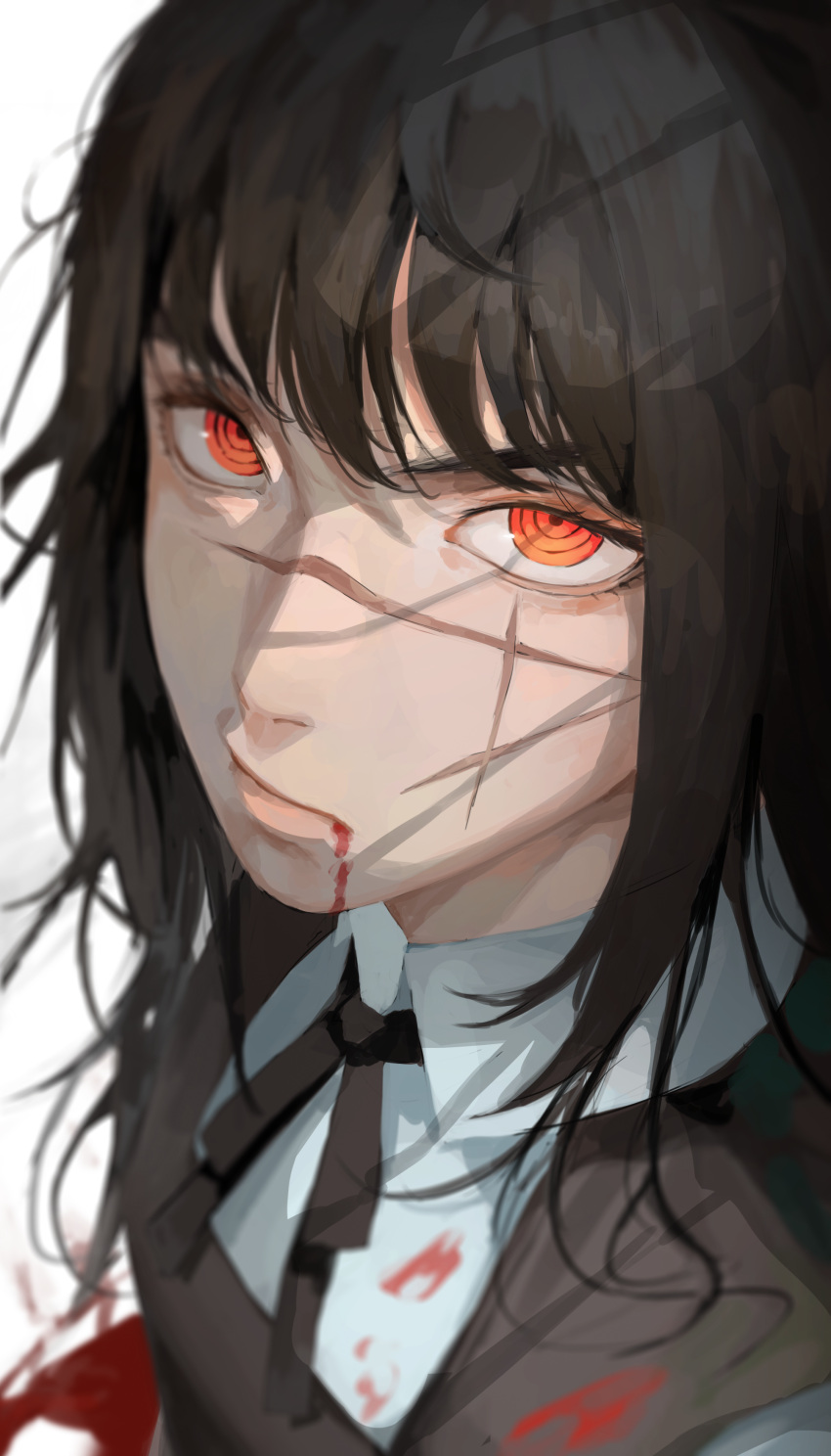 1girl absurdres black_hair blood blood_from_mouth blood_on_clothes blood_on_ground chainsaw_man cross_scar dress fourth_east_high_school_uniform highres long_hair looking_at_viewer niri_(eunhaha02) orange_eyes pinafore_dress ringed_eyes scar scar_on_cheek scar_on_face school_uniform solo yoru_(chainsaw_man)