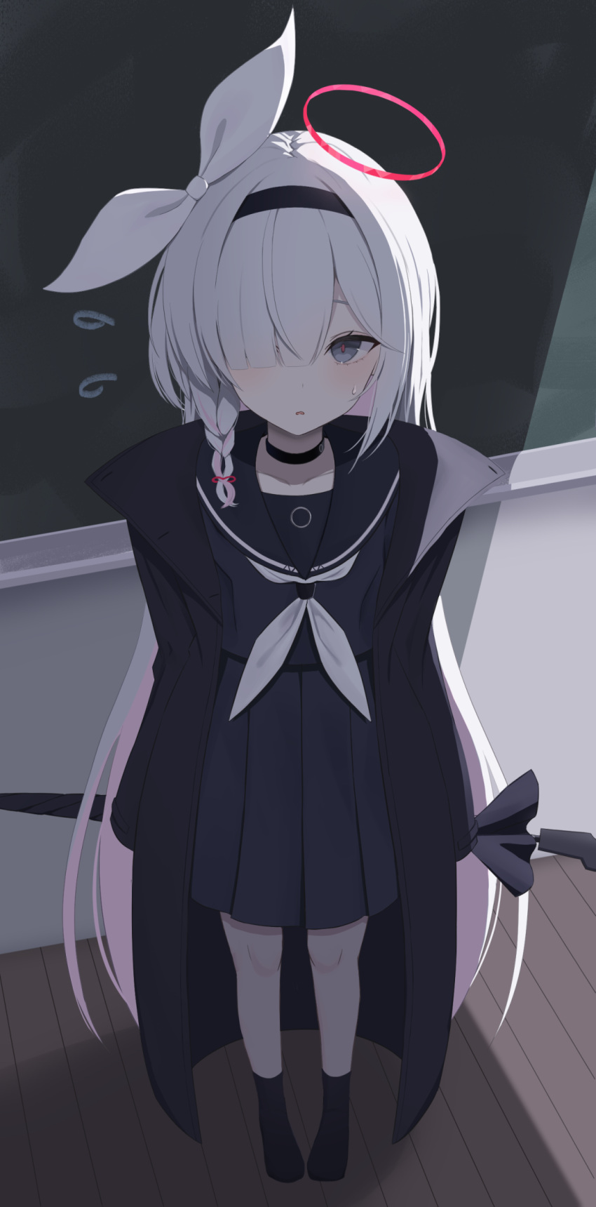 1girl a.r.o.n.a_(blue_archive) ama_(amastration55) arms_behind_back black_choker black_hairband black_jacket black_sailor_collar black_serafuku black_skirt black_socks blue_archive blush braid chalkboard choker commentary_request facing_viewer full_body green_eyes hair_over_one_eye hair_ribbon hairband halo highres holding holding_umbrella indoors jacket long_hair looking_ahead neckerchief no_shoes one_eye_covered open_clothes open_jacket open_mouth pleated_skirt ribbon sailor_collar school_uniform serafuku single_braid skirt socks solo standing sweatdrop umbrella very_long_hair white_hair white_neckerchief white_ribbon