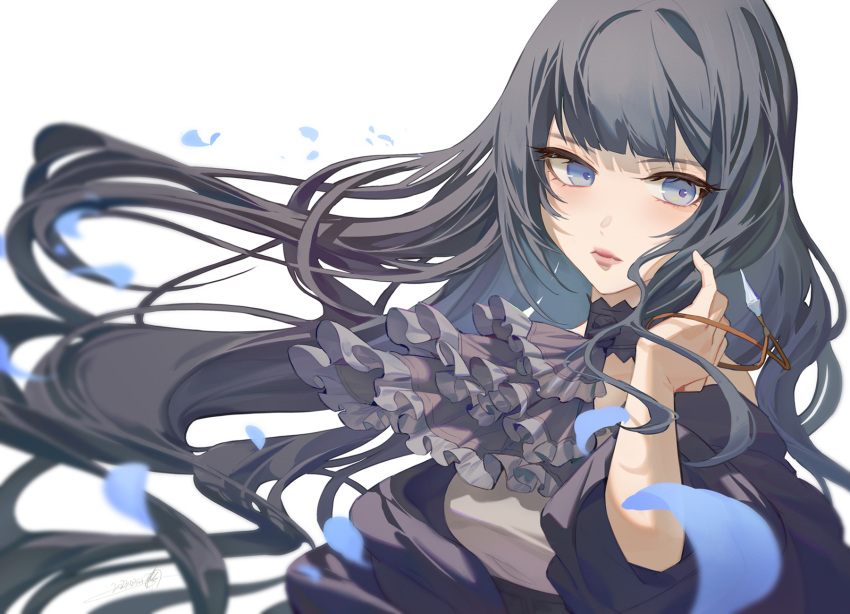 1girl ascot black_hair blue_eyes final_fantasy final_fantasy_xiv highres jewelry jewelry_removed long_hair looking_at_viewer mt_(ringofive) necklace necklace_removed simple_background upper_body very_long_hair white_background wind