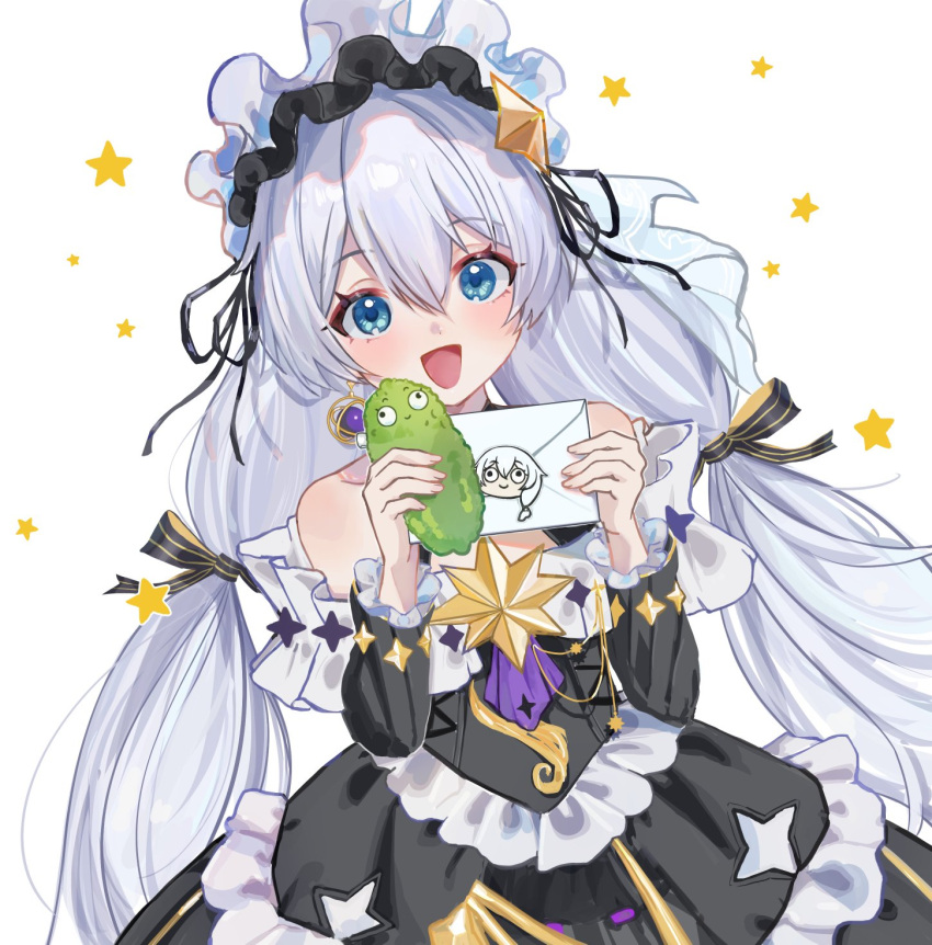 1girl :d arin_(1010_ssu) black_dress blue_eyes dress earrings food frilled_dress frills highres holding holding_food honkai_(series) honkai_impact_3rd jewelry long_hair long_sleeves looking_at_viewer mail meme off-shoulder_dress off_shoulder open_mouth pickle simple_background single_earring smile solo star_(symbol) teri_derp_(meme) theresa_apocalypse theresa_apocalypse_(celestial_hymn) twintails upper_body very_long_hair white_background white_hair
