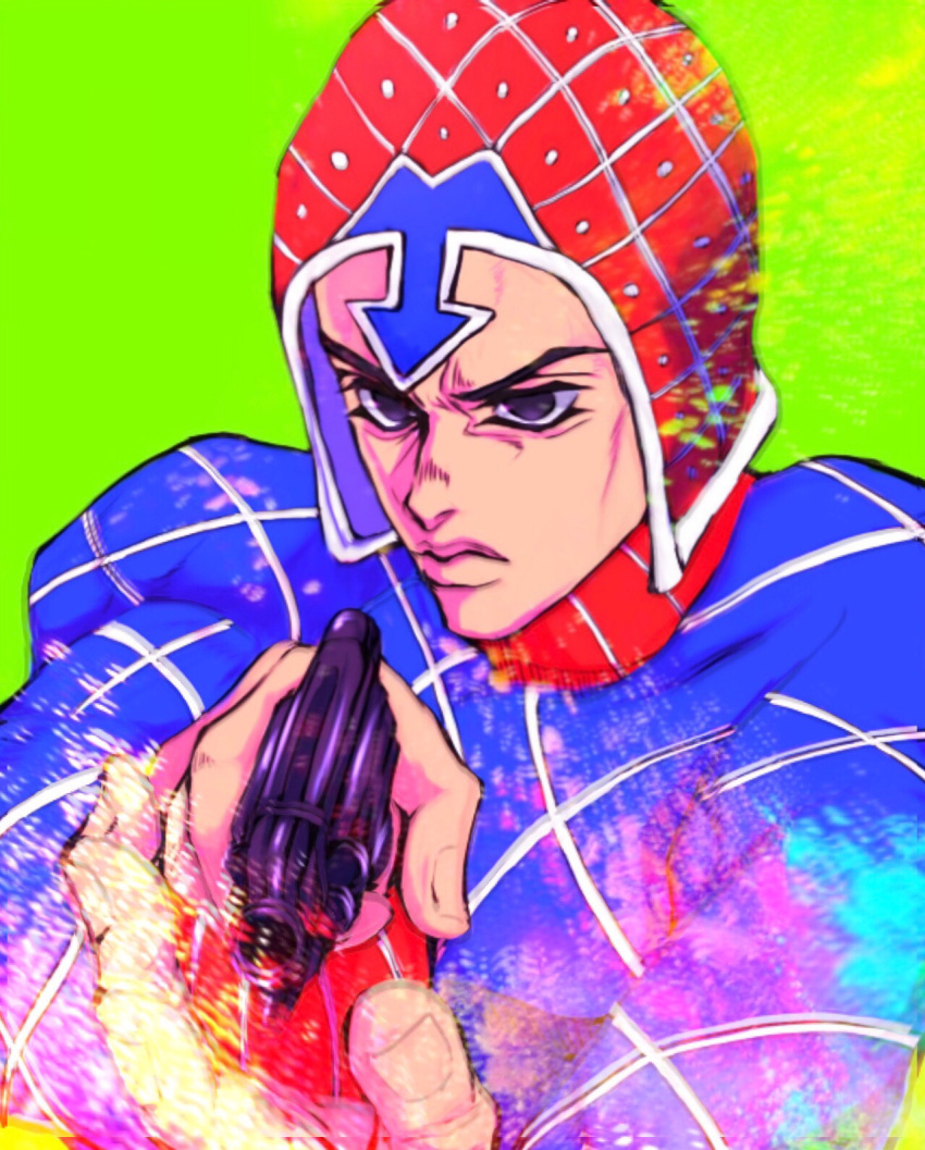 1boy argyle argyle_sweater black_eyes green_background guido_mista gun hat highres jojo_no_kimyou_na_bouken male_focus motion_lines pointing_gun revolver ruushii_(lucy_steel6969) solo sweater vento_aureo weapon