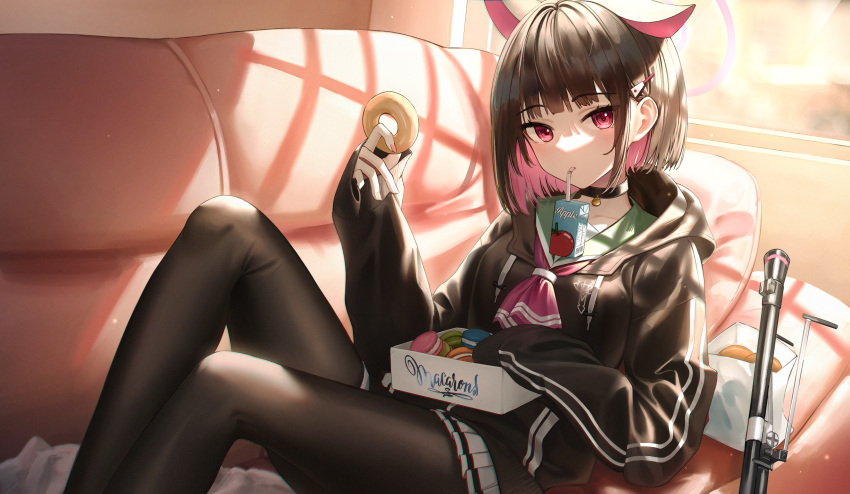 1girl animal_ears black_choker black_hair black_jacket blue_archive blue_jacket blunt_bangs bob_cut bren_lmg brown_pantyhose cat_ears cat_girl choker colored_inner_hair commentary_request couch doughnut drink drinking_straw drinking_straw_in_mouth flippy_(cripine111) food hair_ornament hairclip halo highres holding holding_food hood hooded_jacket indoors jacket jewelry juice_box kazusa_(blue_archive) long_sleeves looking_at_viewer lying multicolored_hair on_back pantyhose pendant_choker pink_hair pleated_skirt red_eyes school_uniform serafuku short_hair sidelocks sitting skirt solo sunlight two-tone_hair white_skirt window