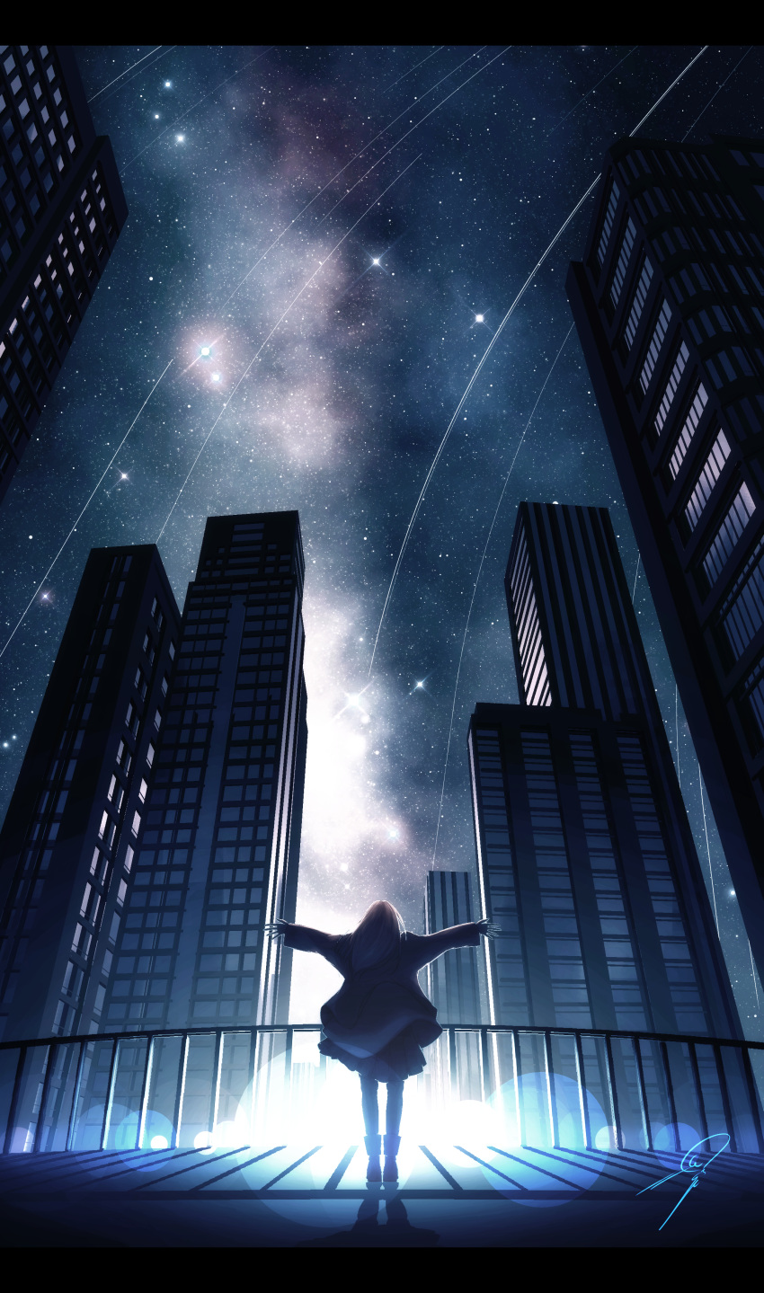 1girl absurdres building city_lights coat commentary_request from_behind highres letterboxed long_hair meteor_shower milky_way nengoro night night_sky original outstretched_arms pleated_skirt railing scenery signature silhouette skirt sky skyscraper solo spread_arms standing star_(sky) starry_sky