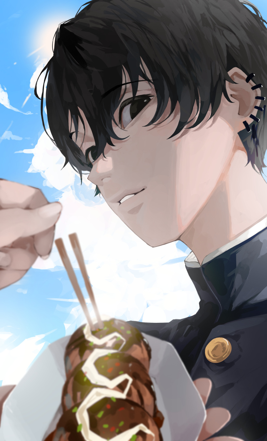 1boy 1other absurdres black_eyes black_hair blue_sky chainsaw_man clouds day ear_piercing food fourth_east_high_school_uniform highres looking_at_viewer male_focus multiple_piercings niri_(eunhaha02) outdoors piercing pov pov_hands school_uniform short_hair sky solo_focus takoyaki toothpick upper_body yoshida_hirofumi