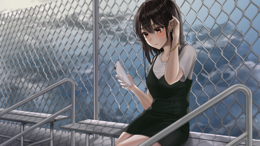 1girl absurdres adjusting_hair black_dress blush bracelet breasts brown_hair cellphone chain-link_fence closed_mouth clouds cloudy_sky commission dress earrings english_commentary fence hair_between_eyes highres holding holding_phone illust_sucong jewelry looking_at_phone medium_breasts medium_hair multiple_earrings on_bench original phone pink_nails red_eyes rooftop school_uniform sitting sky smartphone straight_hair