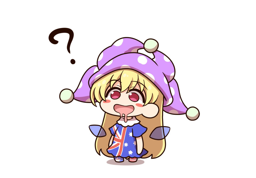 1girl ? american_flag_pants australian_flag_print blonde_hair blush_stickers chibi clownpiece dress drooling fairy_wings full_body hair_between_eyes hat highres jester_cap long_hair looking_away neck_ruff no_shoes open_mouth pants pink_eyes polka_dot purple_headwear shadow shitacemayo short_sleeves simple_background smile solo standing star_(symbol) star_print striped striped_pants touhou very_long_hair white_background wings