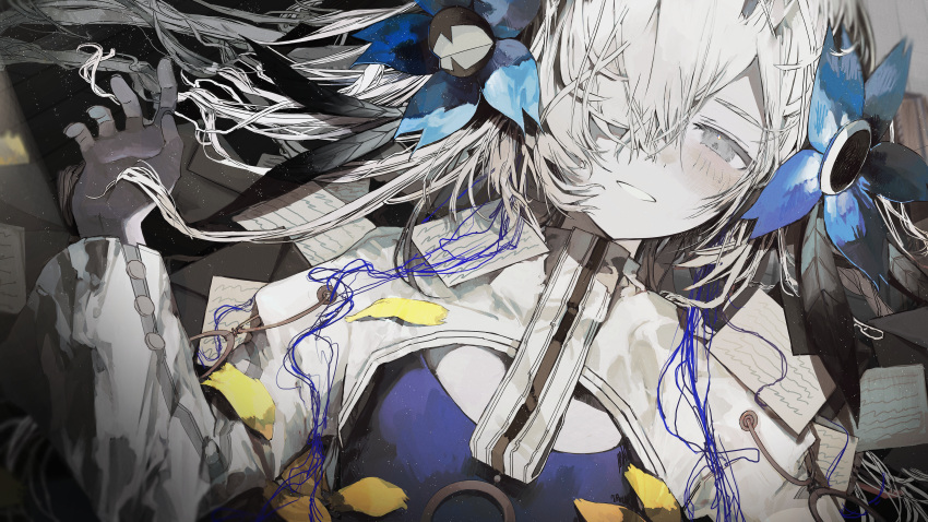 1girl absurdres blue_dress blue_flower blue_hair blush cleavage_cutout clothing_cutout colored_skin commentary_request dot_nose dress dutch_angle flower grey_eyes grey_skin grin hair_flower hair_ornament hair_over_one_eye hair_spread_out half-closed_eyes hand_up high_collar highres isekai_joucho juliet_sleeves kamitsubaki_studio letter long_hair long_sleeves looking_at_viewer lying multicolored_hair o-ring on_back petals puffy_sleeves shrug_(clothing) smile solo streaked_hair tekito_midori upper_body white_hair