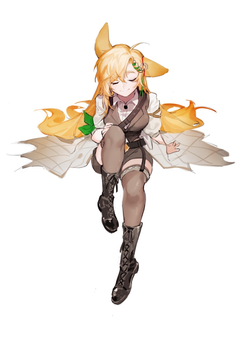 1girl absurdres animal_ears arknights black_footwear blonde_hair boots closed_eyes closed_mouth cross-laced_footwear facing_viewer full_body green_ribbon grey_shorts grey_thighhighs grey_vest highres kroos_(arknights) kroos_the_keen_glint_(arknights) legwear_garter long_hair official_alternate_costume puffy_short_sleeves puffy_sleeves rabbit_ears rabbit_girl ribbon shirt short_sleeves shorts simple_background sitting smile solo split_mouth thigh-highs very_long_hair vest white_background white_shirt yuangundeqiuqiu