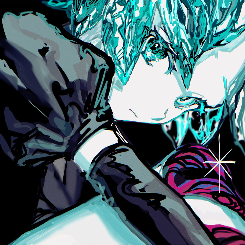 1other androgynous aqua_eyes aqua_hair bare_legs black_background black_gloves black_shirt blurry blurry_background closed_mouth colored_skin crystal_hair elbow_gloves expressionless feet_out_of_frame glint gloves head_down highres houseki_no_kuni knees_up looking_at_viewer looking_to_the_side phosphophyllite puffy_short_sleeves puffy_sleeves shirt short_hair short_sleeves sideways_glance solo translucent_hair white_skin yadu_nadu