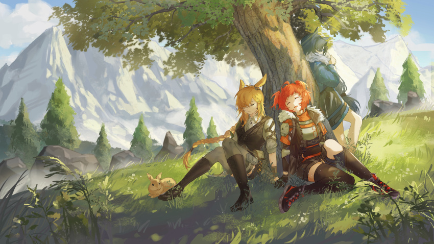3girls :3 :d absurdres ahoge animal_ears arknights arm_support beagle_(arknights) beagle_(dreadnaught)_(arknights) black_footwear black_gloves black_jacket black_shorts black_thighhighs black_vest blonde_hair braid braided_ponytail chinese_commentary closed_eyes clouds commentary_request cross-laced_footwear eyewear_removed fang_(arknights) fang_(cruciata)_(arknights) glasses gloves grass grey_pantyhose highres horse_ears jacket kroos_(arknights) kroos_the_keen_glint_(arknights) light_rays long_hair mountain multiple_girls open_mouth pantyhose rabbit rabbit_ears red-framed_eyewear red_shirt redhead rock shirt shoes short_hair short_twintails shorts sky smile thigh-highs tree twintails uninhabitedisland429 very_long_hair vest white_shirt