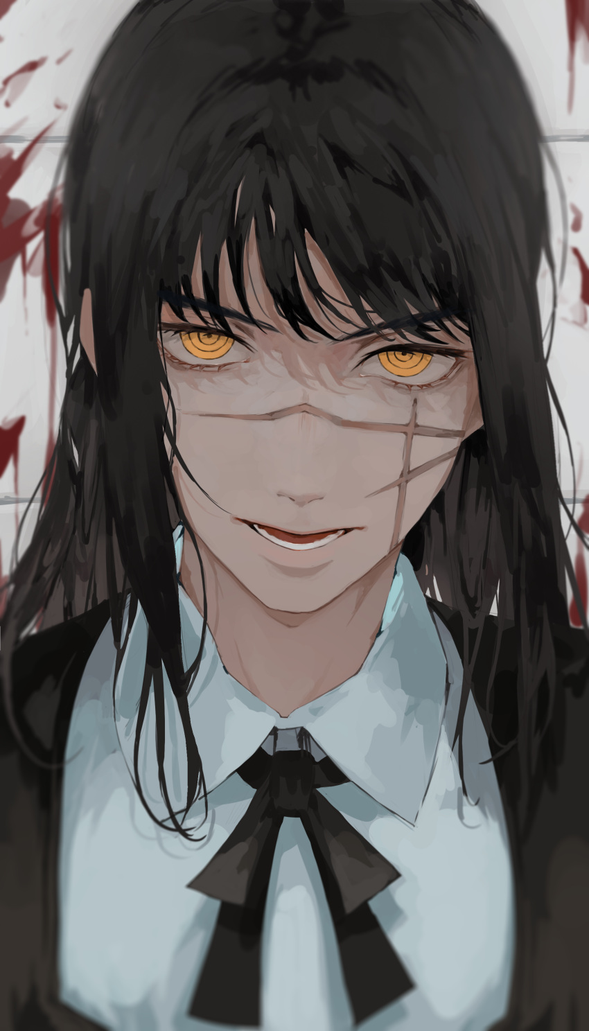 1girl absurdres black_hair blood blood_on_wall blood_splatter chainsaw_man cross_scar dress fourth_east_high_school_uniform highres long_hair looking_at_viewer niri_(eunhaha02) open_mouth pinafore_dress ringed_eyes scar scar_on_cheek scar_on_face school_uniform solo yellow_eyes yoru_(chainsaw_man)