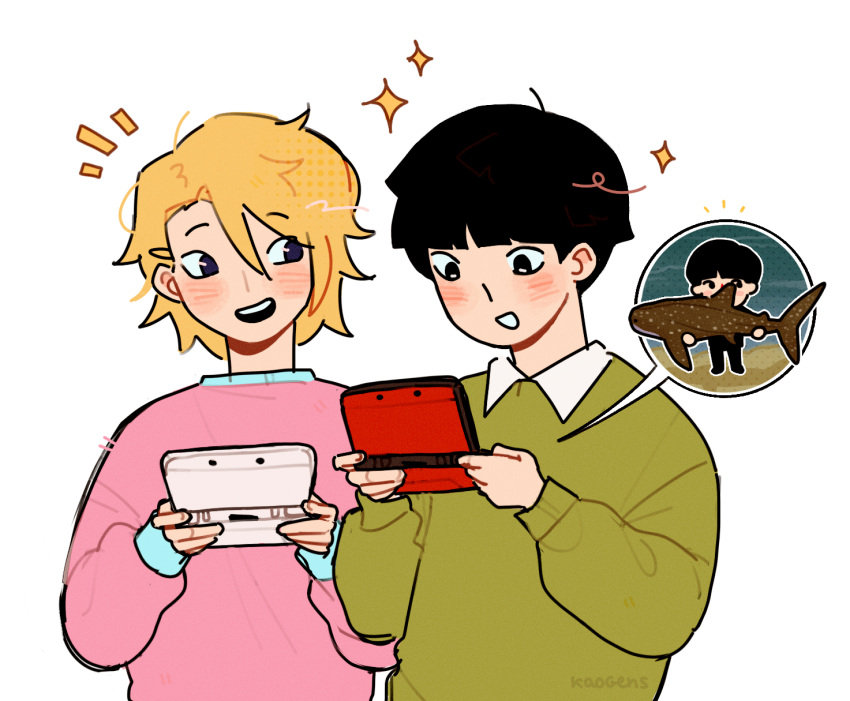 2boys animal animal_crossing artist_name black_eyes black_hair blonde_hair blush commentary english_commentary green_shirt hair_between_eyes hanazawa_teruki handheld_game_console highres holding holding_animal holding_handheld_game_console kageyama_shigeo kaogens long_sleeves looking_at_another male_focus mob_psycho_100 multiple_boys nintendo_ds open_mouth pink_shirt playing_games shark shirt short_hair simple_background smile upper_body white_background
