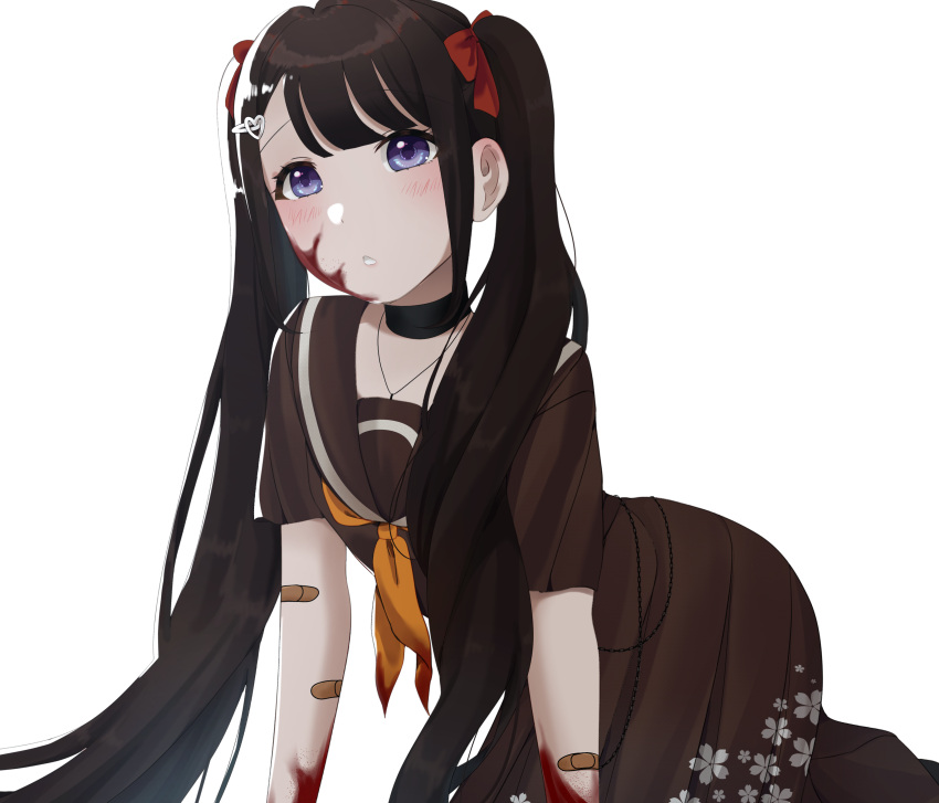 1girl absurdres all_fours bandaid bandaid_on_arm black_hair blood blood_on_clothes blood_on_face bow chestnut_mouth hair_bow hair_ornament hairclip heart heart_hair_ornament highres hime.udon jewelry long_hair looking_at_viewer neckerchief necklace original red_bow school_uniform solo twintails very_long_hair violet_eyes yellow_neckerchief