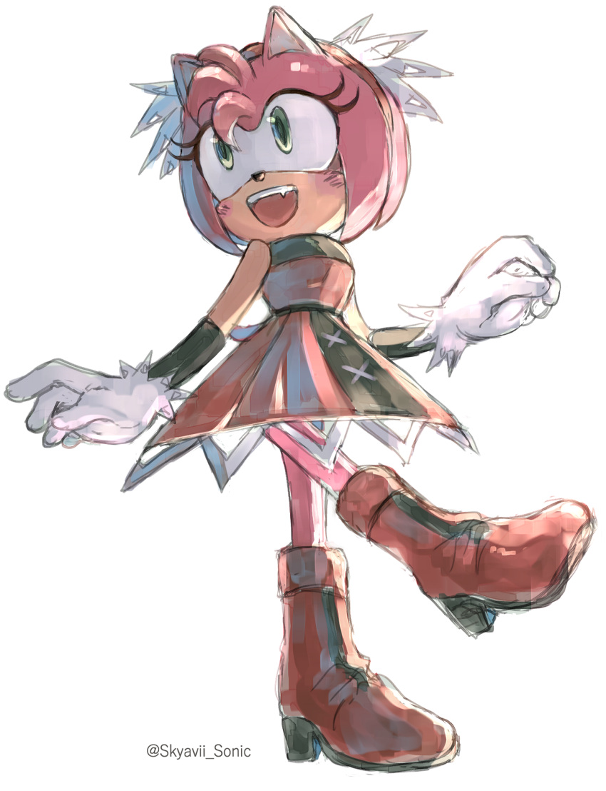 1girl amy_rose artist_name boots cosplay dress full_body furry furry_female gloves green_eyes hairband hedgehog hedgehog_ears hedgehog_girl hedgehog_tail highres honey_the_cat honey_the_cat_(cosplay) kicking legs looking_up open_mouth red_footwear short_hair simple_background skyavii_sonic sleeveless sleeveless_dress solo solo_focus sonic_(series) white_background white_gloves