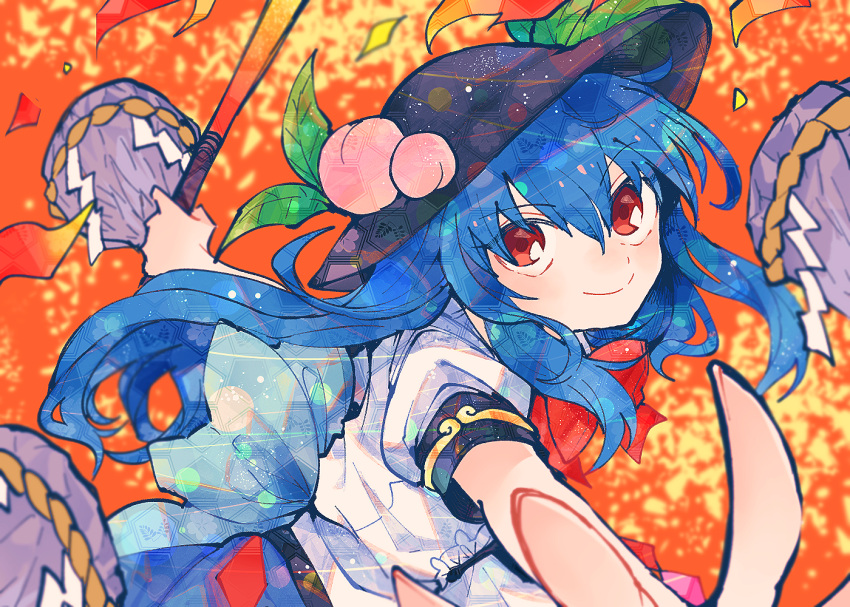 1girl black_headwear blue_hair blue_skirt closed_mouth fruit_hat_ornament hair_between_eyes hat hat_ornament hinanawi_tenshi holding holding_sword holding_weapon itomugi-kun long_hair peach_hat_ornament puffy_short_sleeves puffy_sleeves reaching_towards_viewer red_eyes rock rope shimenawa shirt short_sleeves skirt smile solo sword sword_of_hisou touhou weapon white_shirt