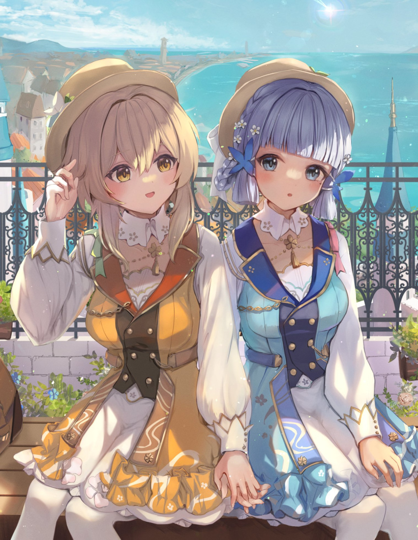 2girls alternate_costume blonde_hair blue_dress blue_eyes blue_hair blunt_bangs blush breasts building butterfly_hair_ornament chestnut_mouth clouds cloudy_sky cosplay dress flower genshin_impact hair_flower hair_ornament hat highres holding_hands itone_114 kamisato_ayaka kamisato_ayaka_(cosplay) kamisato_ayaka_(springbloom_missive) long_sleeves looking_at_another lumine_(genshin_impact) matching_outfit medium_breasts mole mole_under_eye multiple_girls official_alternate_costume open_mouth outdoors pantyhose short_hair sidelocks sitting_on_bench sky smile white_pantyhose yellow_dress yellow_eyes yellow_headwear