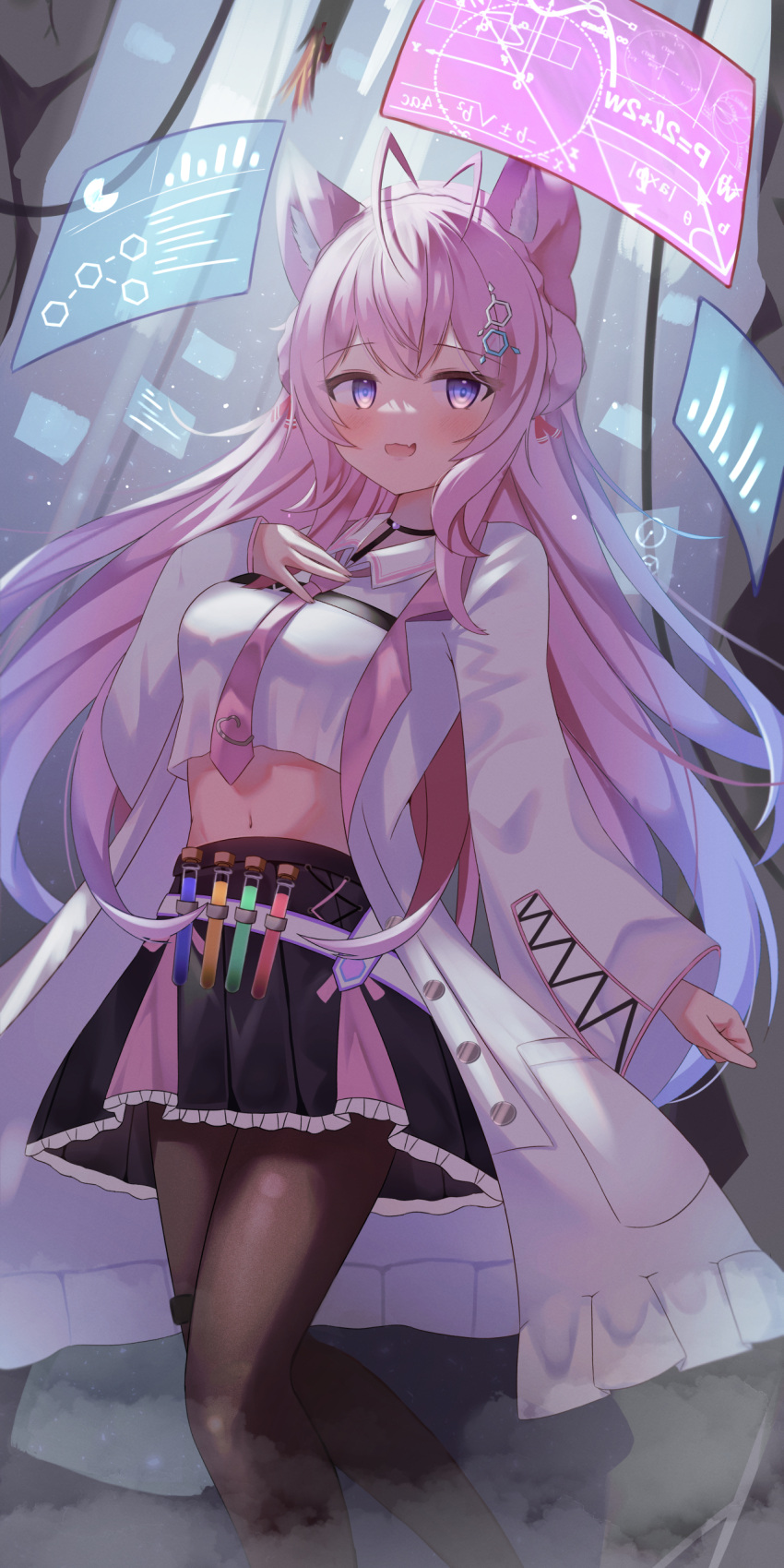 1girl absurdres ahoge animal_ear_fluff animal_ears belt black_pantyhose black_skirt blush breasts coat hakui_koyori hand_on_own_chest highres holographic_interface hololive kawaiipony2 labcoat long_hair midriff navel necktie open_mouth pantyhose pink_eyes pink_hair pink_necktie shirt skirt smile solo test_tube thighs virtual_youtuber white_coat white_shirt wolf_ears
