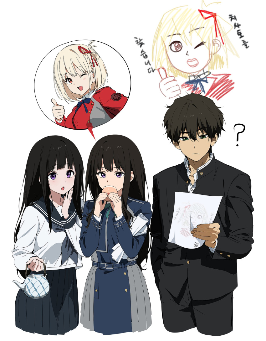 1boy 2girls absurdres artist_logo black_hair blonde_hair blush breasts brown_hair chitanda_eru crossover green_eyes hair_ribbon highres hyouka inoue_takina kamiyama_high_school_uniform_(hyouka) long_hair long_sleeves lycoris_recoil mery_(yangmalgage) multiple_girls nishikigi_chisato open_mouth oreki_houtarou red_eyes red_ribbon ribbon sailor_collar school_uniform shirt short_hair simple_background skirt smile violet_eyes white_background white_shirt