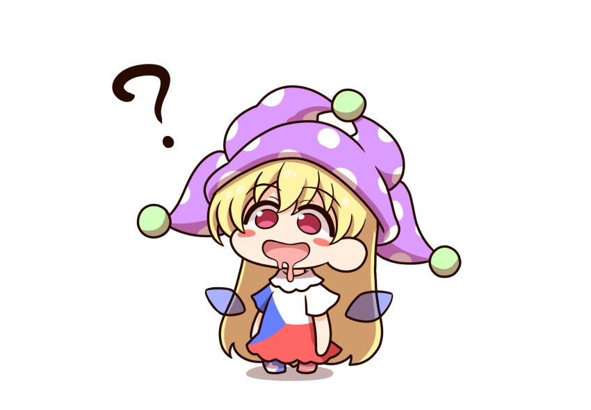 1girl ? american_flag_pants blonde_hair blush_stickers chibi clownpiece czech_flag dress drooling fairy_wings full_body hair_between_eyes hat highres jester_cap long_hair looking_away neck_ruff no_shoes open_mouth pants pink_eyes polka_dot purple_headwear shadow shitacemayo short_sleeves simple_background smile solo standing star_(symbol) star_print striped striped_pants touhou very_long_hair white_background wings