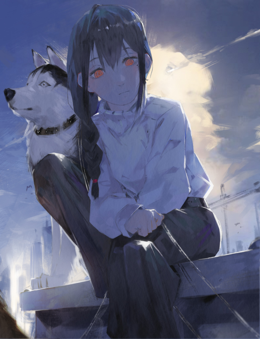 1girl absurdres belt black_pants blue_sky braid building chainsaw_man closed_mouth clouds collar day dog highres husky light_frown long_hair mole mole_under_eye nayuta_(chainsaw_man) niri_(eunhaha02) orange_eyes outdoors pants power_lines ringed_eyes single_braid sitting sky solo sun sweater sweater_tucked_in white_sweater