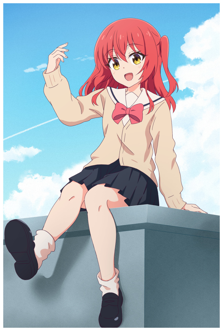 1girl :d arm_up black_footwear black_skirt blue_sky blush bocchi_the_rock! bow brown_cardigan cardigan clouds commentary_request contrail day hair_between_eyes highres kita_ikuyo loafers long_hair long_sleeves looking_at_viewer one_side_up outdoors pleated_skirt puffy_long_sleeves puffy_sleeves red_bow redhead sailor_collar shirt shoes skirt sky smile socks solo white_sailor_collar white_shirt white_socks x-6 yellow_eyes