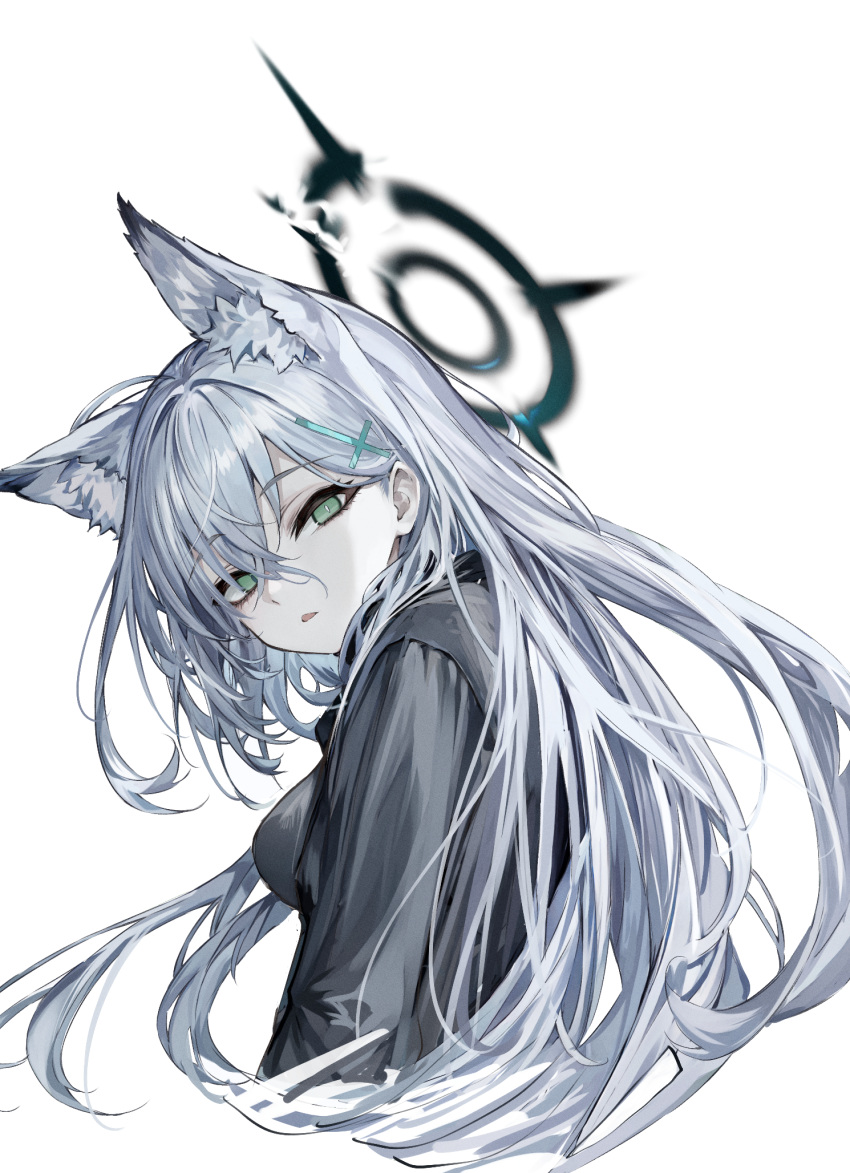 1girl animal_ear_fluff animal_ears black_shirt blue_archive breasts commentary_request cross_hair_ornament green_eyes hair_between_eyes hair_ornament halo highres long_hair long_sleeves looking_at_viewer medium_breasts parted_lips shiroko_(blue_archive) shiroko_(terror)_(blue_archive) shirt simple_background solo suujiniku upper_body white_background white_hair