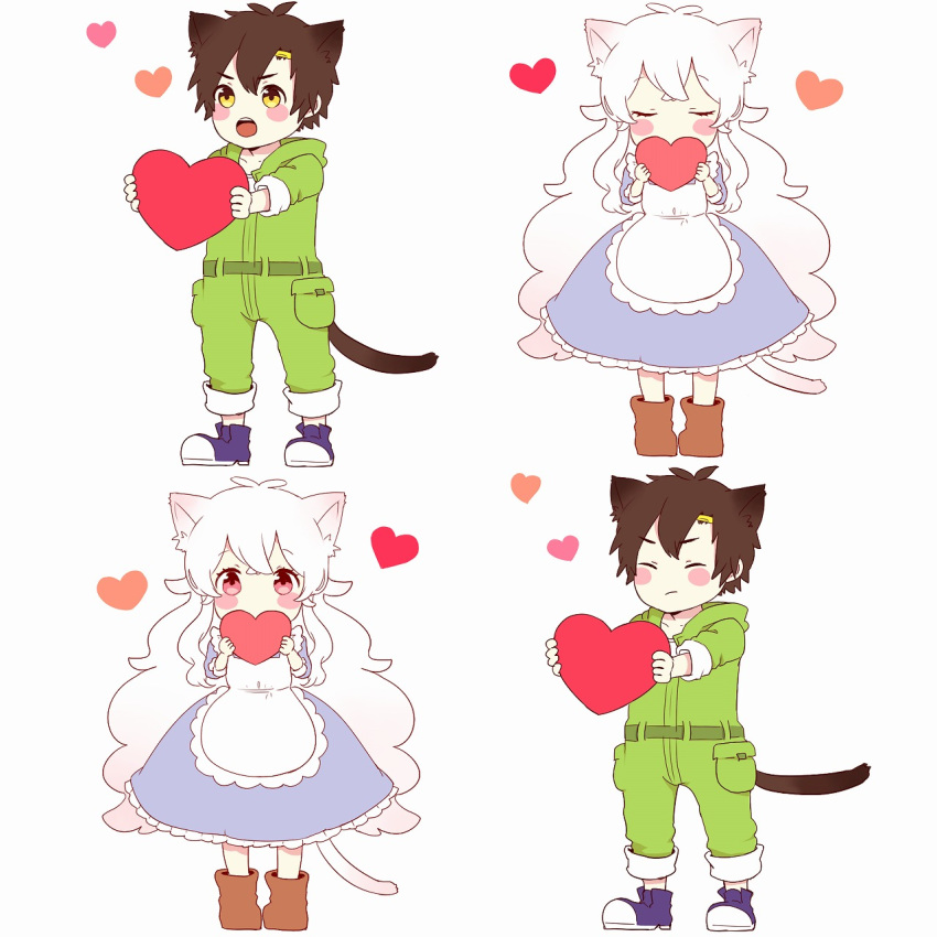 1boy 1girl aged_down animal_ears apron belt black_hair blue_dress blue_footwear blush_stickers boots brown_footwear cat_boy cat_ears cat_girl cat_tail closed_eyes closed_mouth commentary_request covering_mouth double-parted_bangs dress dual_persona facing_viewer frilled_apron frilled_dress frills full_body green_belt green_jumpsuit green_pants hair_ornament hairclip heart highres holding holding_heart hood hood_down hooded_jumpsuit jumpsuit kagerou_project kemonomimi_mode kozakura_marry long_hair looking_ahead looking_at_viewer mekakucity_actors multiple_boys multiple_girls open_mouth pants pants_rolled_up partial_commentary pink_eyes pocket sakusakusakuran seto_kousuke shoes short_hair simple_background sleeves_past_elbows sleeves_rolled_up standing tail teeth two-tone_footwear upper_teeth_only very_long_hair wavy_hair white_apron white_background white_footwear white_hair