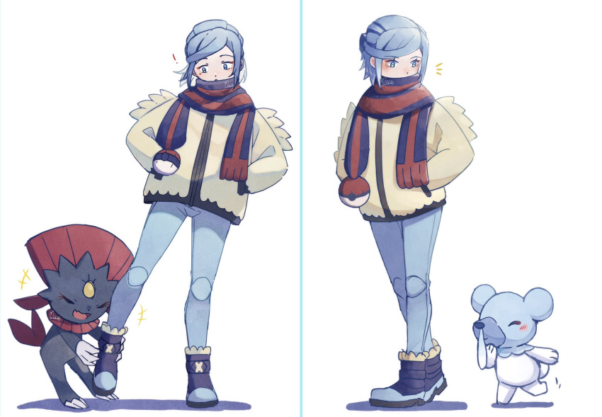 ! +++ 1boy blue_eyes blue_hair boots commentary_request cubchoo grusha_(pokemon) hands_in_pockets highres jacket looking_down male_focus mocacoffee_1001 notice_lines pants poke_ball_print pokemon pokemon_(creature) pokemon_(game) pokemon_sv scarf signature striped striped_scarf weavile white_background yellow_jacket