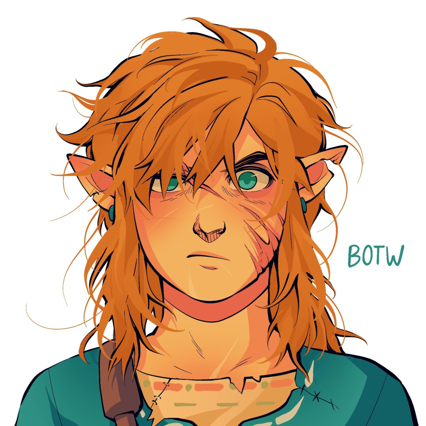 1boy angry artsy-moonwalker blonde_hair highres link male_focus pointy_ears scar scar_on_face solo the_legend_of_zelda the_legend_of_zelda:_breath_of_the_wild torn_clothes white_background