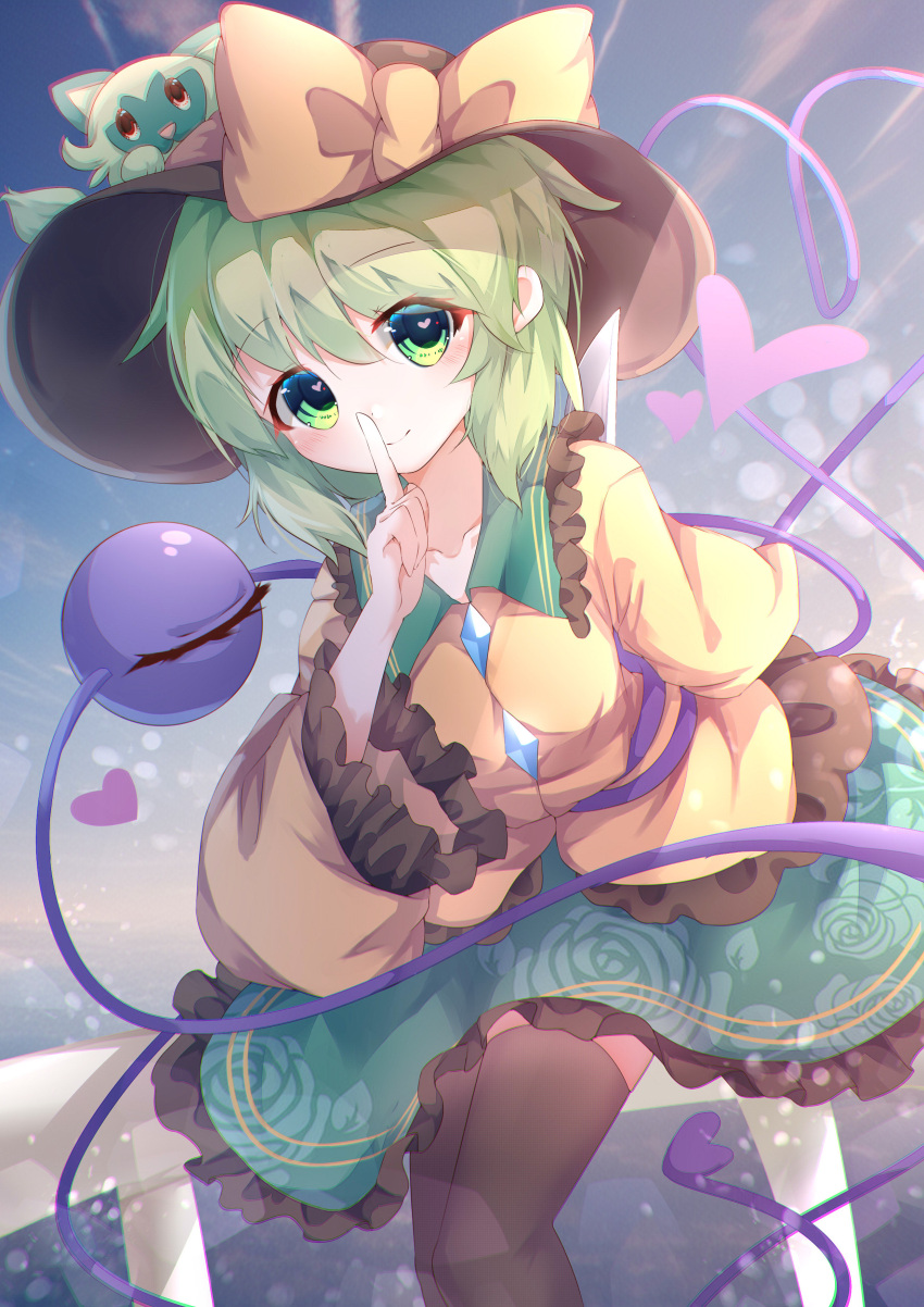 1girl absurdres black_headwear black_thighhighs bow buttons chromatic_aberration closed_eyes diamond_button green_eyes green_hair green_skirt hat hat_bow heart heart-shaped_pupils heart_of_string highres komeiji_koishi littlepeace long_sleeves looking_at_viewer pink_pupils shirt short_hair skirt symbol-shaped_pupils thigh-highs third_eye touhou yellow_bow yellow_shirt