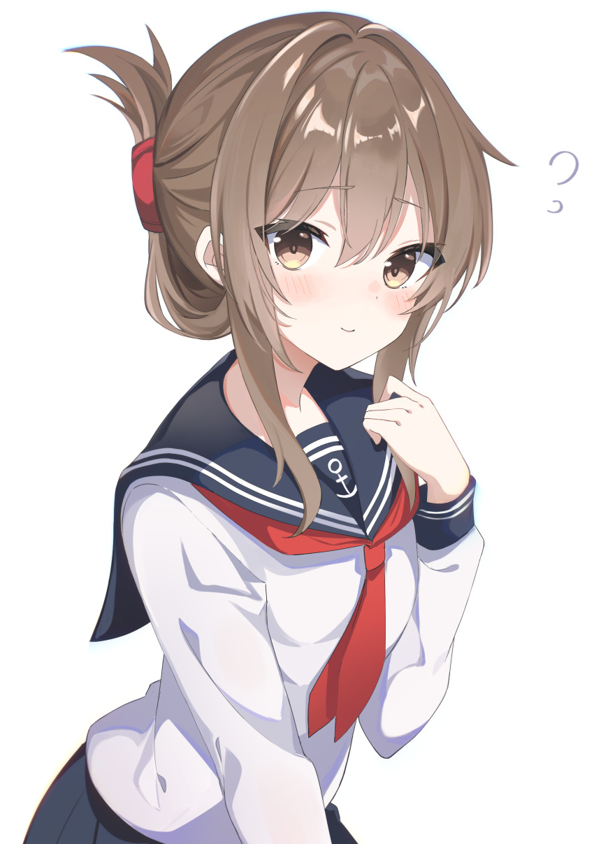 1girl absurdres anchor_symbol black_sailor_collar black_skirt blush brown_eyes brown_hair closed_mouth fathom flying_sweatdrops folded_ponytail hair_between_eyes highres inazuma_(kancolle) kantai_collection light_smile long_hair long_sleeves looking_at_viewer neckerchief pleated_skirt red_neckerchief sailor_collar school_uniform serafuku sidelocks simple_background skirt solo upper_body white_background