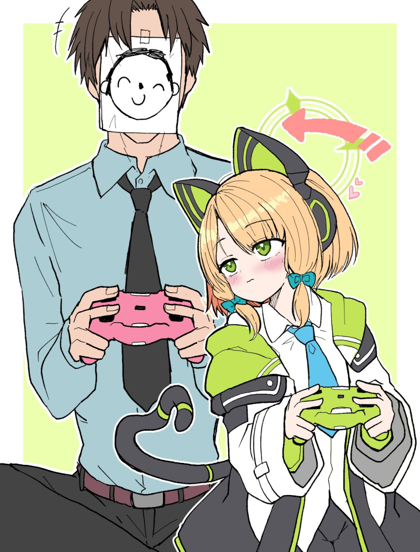 1boy 1girl animal_ear_headphones animal_ears arona's_sensei_doodle_(blue_archive) arrow_(symbol) belt black_necktie black_pants blonde_hair blue_archive blue_necktie brown_hair cat_ear_headphones cat_tail collared_shirt commentary_request controller fake_animal_ears fake_tail game_controller green_eyes halo headphones heart highres holding holding_controller holding_game_controller jacket long_sleeves midori_(blue_archive) necktie off_shoulder open_clothes open_jacket pants playing_games ririfu sensei_(blue_archive) shirt short_hair simple_background sitting tail white_shirt