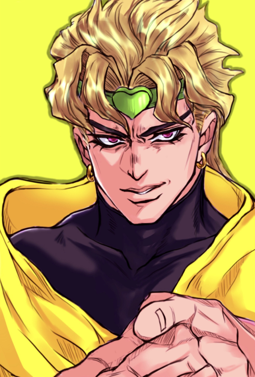 1boy blonde_hair dio_brando earrings headband heart-shaped_ornament highres jacket jewelry jojo_no_kimyou_na_bouken male_focus red_eyes ruushii_(lucy_steel6969) simple_background solo stardust_crusaders turtleneck white_background yellow_background yellow_jacket