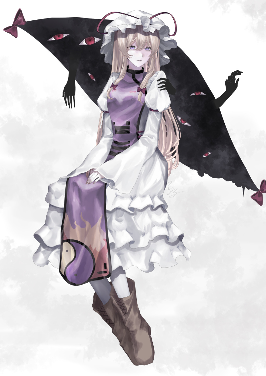 absurdres blonde_hair bow breasts brown_footwear disembodied_limb dress extra_eyes floating_hair frilled_dress frills gap_(touhou) hair_ribbon hands_on_own_legs hat hat_bow highres juliet_sleeves long_hair long_sleeves looking_at_viewer puffy_sleeves purple_tabard red_bow red_eyes red_ribbon ribbon silhouette simple_background sitting sleeves_past_wrists smile t_terano tabard thigh-highs touhou violet_eyes white_background white_dress white_headwear white_thighhighs wide_sleeves yakumo_yukari yin_yang